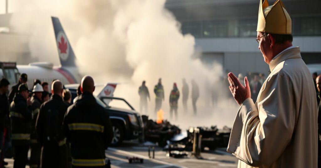 Katastrofa lotnicza na lotnisku LaGuardia w Nowym Jorku – samolot zderzył się z wozem straży pożarnej. Na zdjęciu widoczny jest kapłan tradycyjnego obozu modlący się za dusze ofiar tragedii.