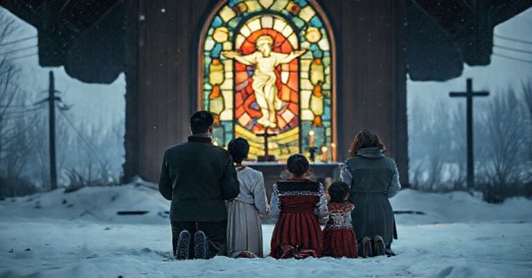 Rodzina katolicka modli się przed uszkodzonym ołtarzem w zupełnie zasypanym śniegiem kościele na Podkarpaciu w 2025 roku. Scena przedstawia pęknięte witraże z wizerunkiem Chrystusa Króla, z przeciętymi liniami energetycznymi na zewnątrz.