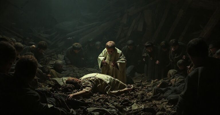 Scena katolicka z katastrofy promu "Jan Heweliusz" - ksiądz udzielający sakramentu namaszczenia umierającym w chaosie rozbicia promu