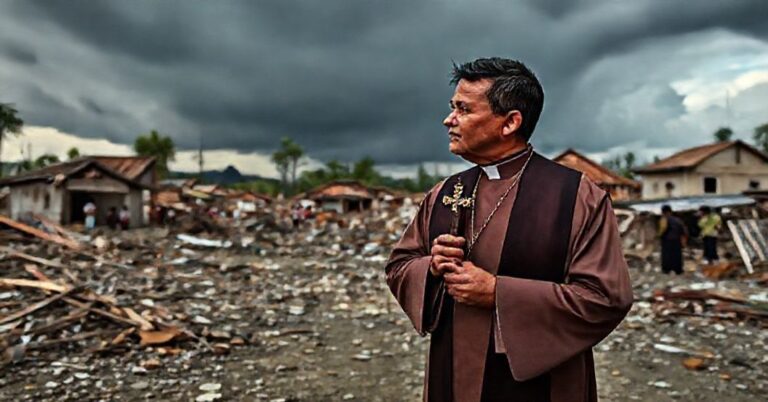 Katolicki ksiądz w tradycyjnych szatach liturgicznych stojący w zniszczonej wiosce na Sumatrze podczas powodzi.