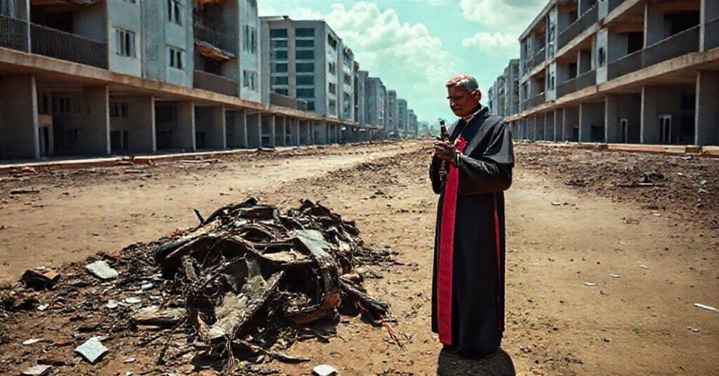 Katolicki ksiądz modli się nad ruinami wypadku autobusowego w Ugandzie z krzyżem w ręku