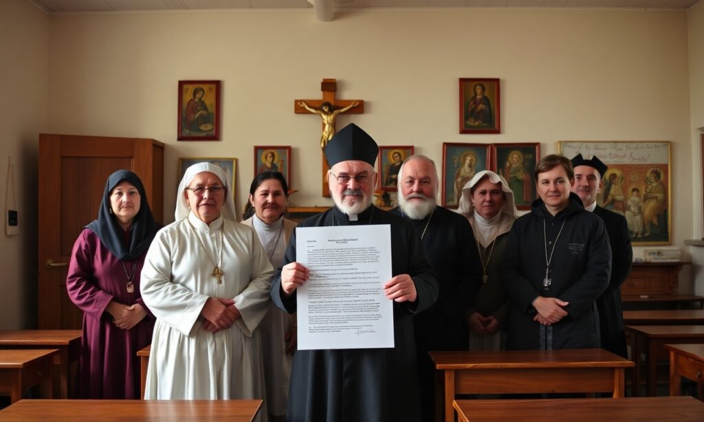 Grupa tradycyjnych katechetów katolickich w klasie szkolnej z listem do prawdziwego Kościoła