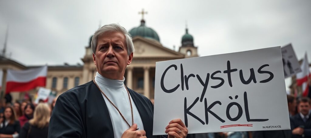 Katecheci na manifestacji w Warszawie przed Sejmem z transparentem 'Chrystus Król', symbolizujący duchową pustkę protestów bez prawdziwej wiary katolickiej.