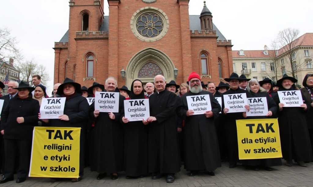 Katecheci SKŚ protestują przed kościołem przeciwko marginalizacji wartości chrześcijańskich w edukacji