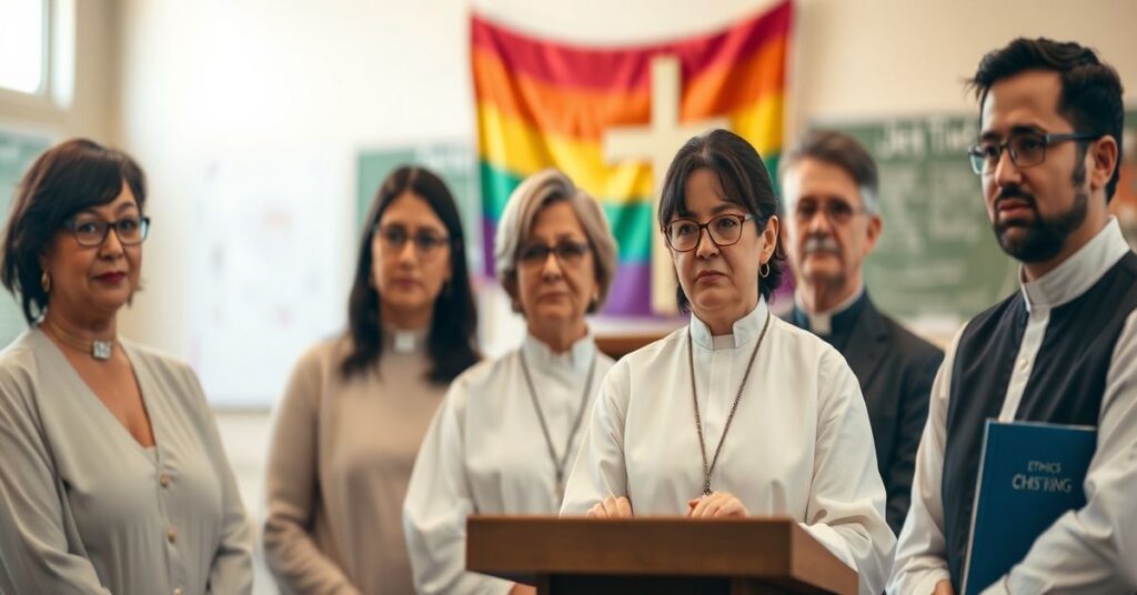 Grupa katechetów świeckich stojących przed podium w szkole świeckiej, symbolizujących naturalistyczny pogląd na kulturę bez Chrystusa Króla.