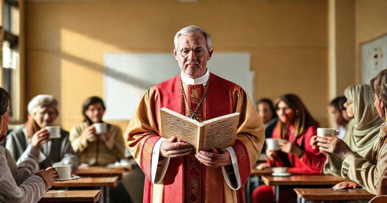 Ksiądz w tradycyjnych szatach liturgicznych stoi przed grupą świeckich katechetów trzymających kubki z kawą i herbatą w klasie szkolnej. Scena symbolizuje konflikt między katolicką doktryną a nowoczesnym relativizmem w edukacji religijnej.