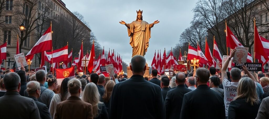 Manifestacja katechetów świeckich pod hasłem Solidarności w Warszawie, z modlitwą przed posągiem Chrystusa Króla.