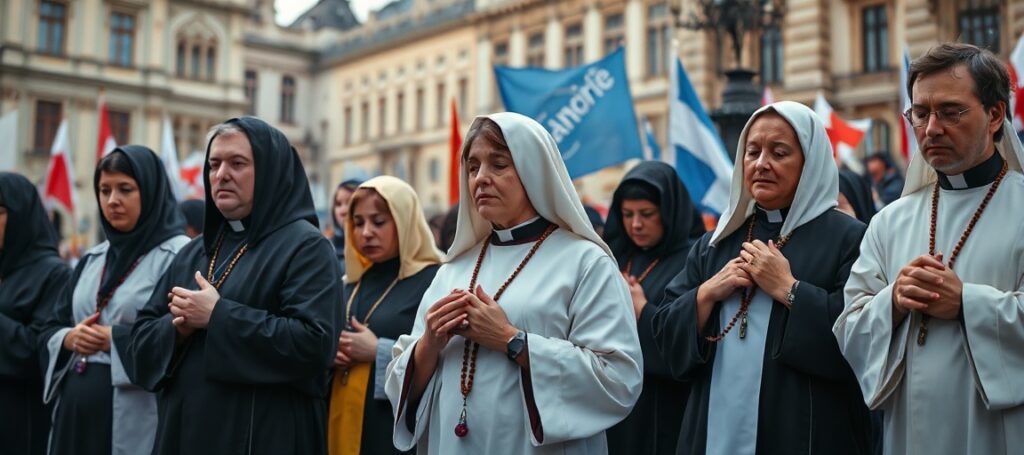 Grupa katechetów świeckich w tradycyjnych strojach religijnych modli się podczas manifestacji w Warszawie.