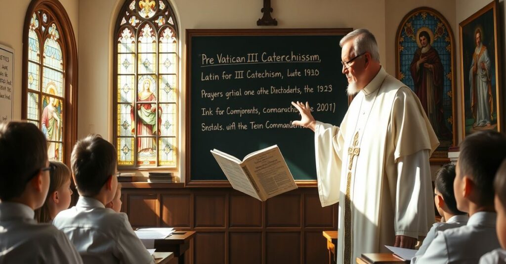 Tradycyjny katecheta w szatach kapłańskich naucza dzieci w klasie szkolnej z akcentem na katastroficzną redukcję do humanitaryzmu i ekumenizmu.