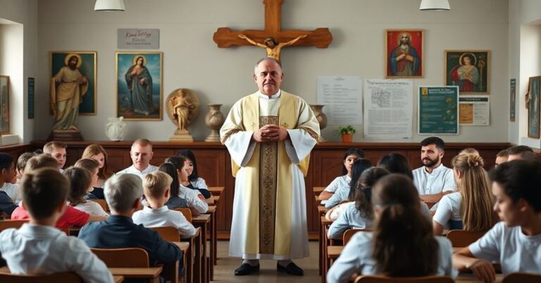 Tradycyjna katolicka klasa z kapłanem w ornatach trzymającym krucyfiks, maksymalizując katechezę nad neutralnością religijną.