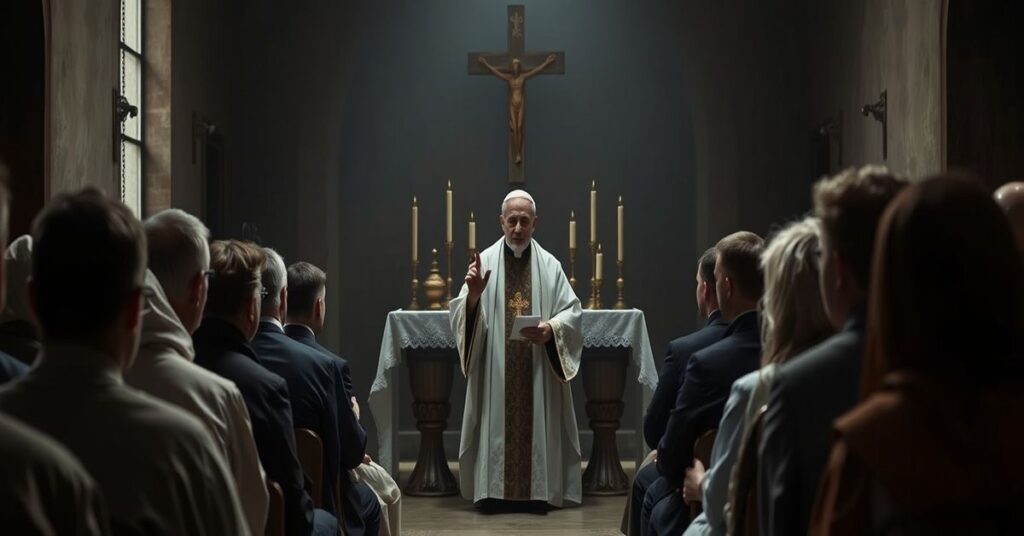 Grupa katechetów słucha „biskupa” Marka Solarczyka podczas sesji w Radomiu. Scena podkreśla brak referência do ofiary Mszy Trydenckiej i sakramentalnego życia łaski.