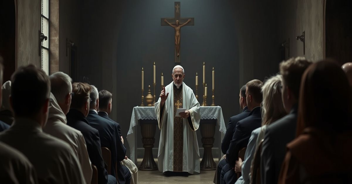 Grupa katechetów słucha „biskupa” Marka Solarczyka podczas sesji w Radomiu. Scena podkreśla brak referência do ofiary Mszy Trydenckiej i sakramentalnego życia łaski.