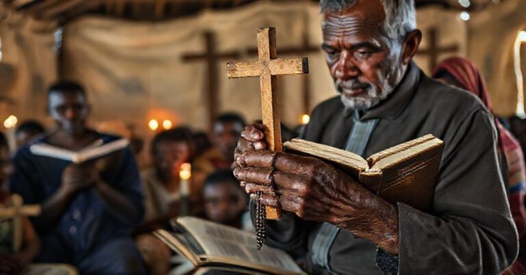 Katechista nauczający w obozie przesiedleńców w Mozambiku, z krzyżami i modlitewnikami, na tle improwizowanej kaplicy z worków USAID.