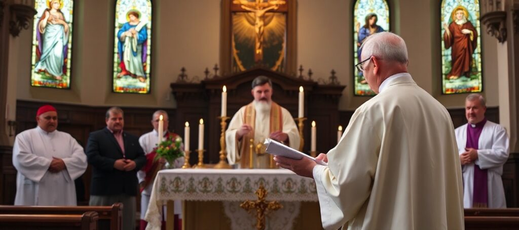 Kapłan w tradycyjnych szatach liturgicznych wygłasza katechezę o siedmiu darach Ducha Świętego przed grupą wiernych w historycznej kaplicy z witrażami przedstawiającymi Chrystusa-Króla.