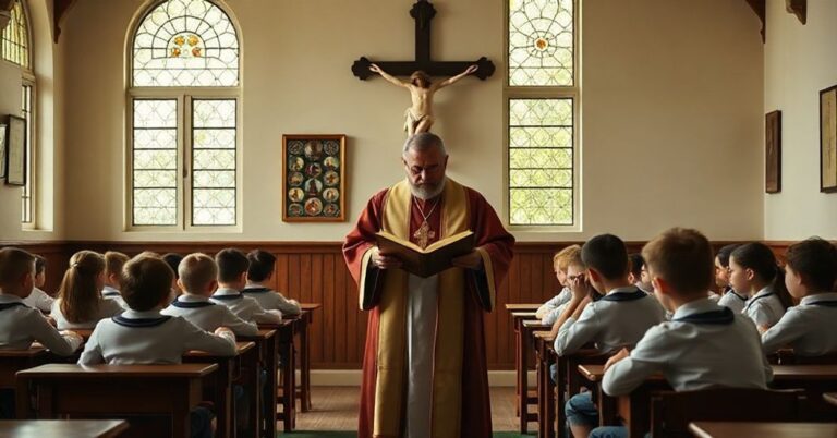 Tradycyjna sala lekcyjna z katechetą sedevacantystów nauczającym dzieci prawdziwej wiary katolickiej przed krzyżem.