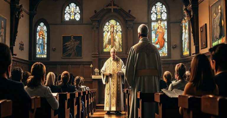 Tradycyjna scena katechezy katolickiej z kapłanem i uczniami w duchu obrony nauk katolickich przed nowoczesną reformą