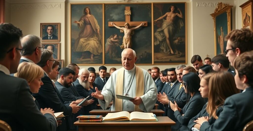 Obraz realistycznej sceny katechezy katolickiej z nauczycielami i uczniami w tradycyjnym stroju, ukazujący powagę i wierność tradycji, krytykujący modernistyczną edukację bez Chrystusa Króla