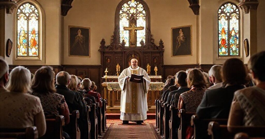 Wnętrze kościoła katolickiego z tradycyjnym ołtarzem podczas katechezy, prezentujące nauczyciela religii trzymającego dokument modernistyczny.