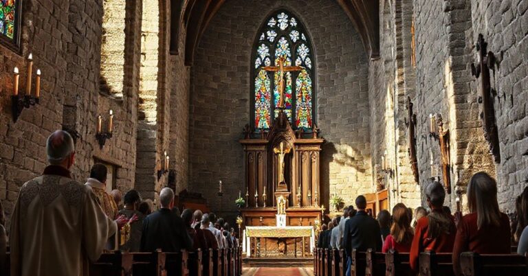 Szczera i pełna szacunku scena modlitwy w tradycyjnej katolickiej świątyni, ukazująca duchową refleksję wiernych i kapłanów w kontekście autentycznej katolickiej pobożności.