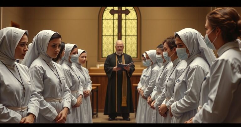 Scena realistyczna w miejscu pracy katolickim, ukazująca pracowników w modlitewnej, poważnej postawie, z duchownym w tle, wyrażającym moralny konflikt wobec przymusu szczepień z użyciem abortowanych płodów