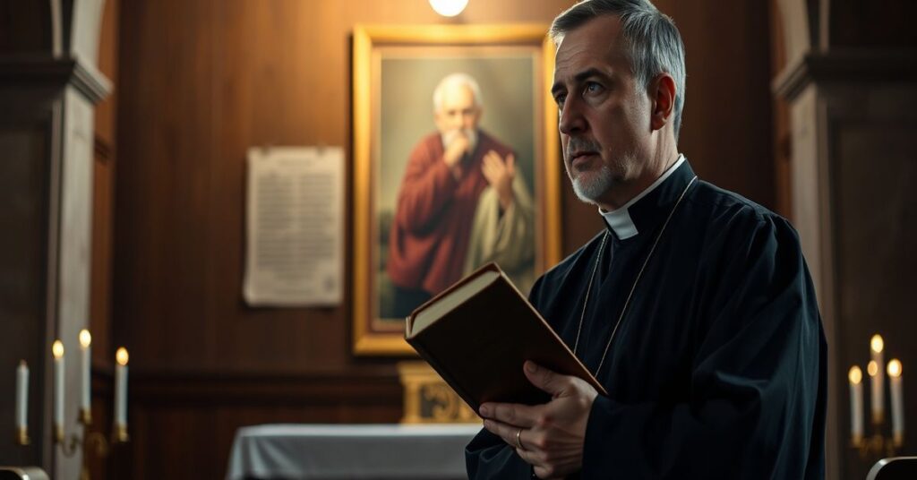 Tradycyjny ksiądz w ciemnym ornaty stojący przed ołtarzem kościoła z katolickim katechizmem w ręku