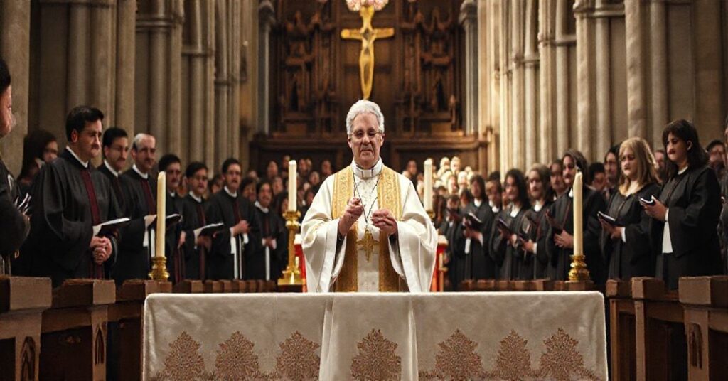 Wnętrze katedry z "mszą" pod przewodnictwem "biskupa" Romana Pindla, z uczelniami wyższymi i chórem Cantores Sancti Nicolai na tle współczesnej herezji posoborowej.