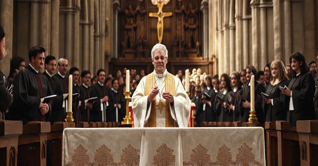 Wnętrze katedry z "mszą" pod przewodnictwem "biskupa" Romana Pindla, z uczelniami wyższymi i chórem Cantores Sancti Nicolai na tle współczesnej herezji posoborowej.