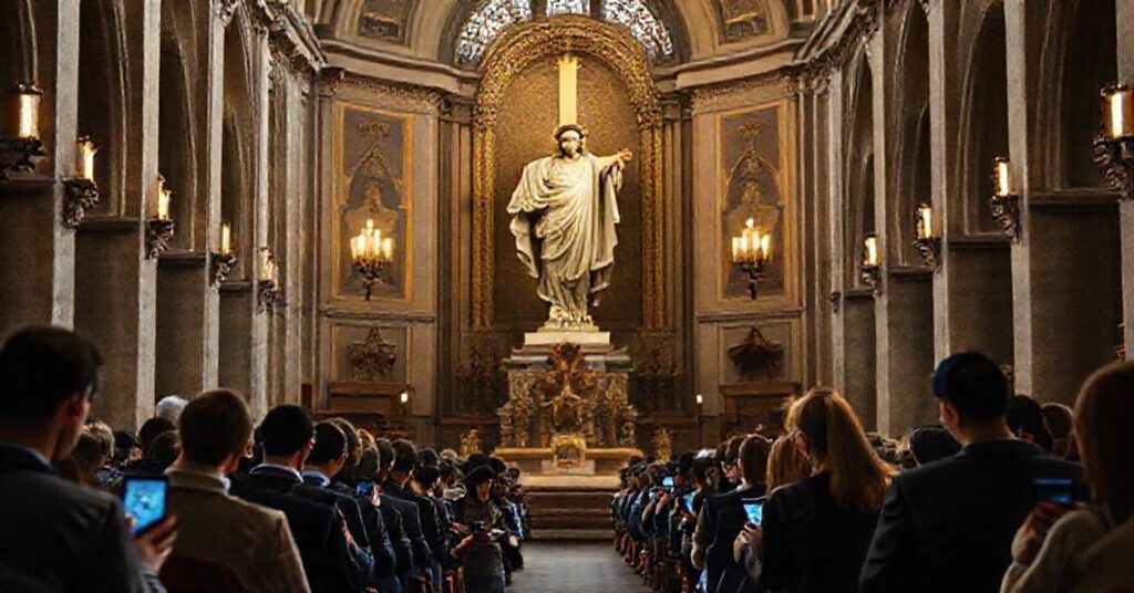 Wnętrze katedry z rzeźbą Chrystusa Króla i ludźmi korzystającymi z mediów społecznościowych.