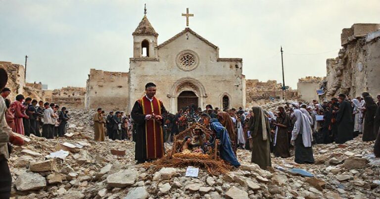 Obraz przedstawiający ruiny w Gazie z tradycyjną katolicką parafią na tle. Przedstawia dodawanie pomocy materialnej muzułmanom i katolikom bez akcentu na ewangelizację.