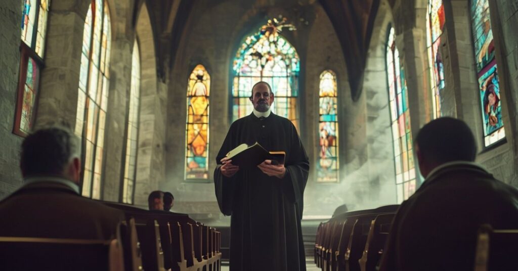 Katedra katolicka z kapłanem w tradycyjnych szatach liturgicznych, trzymającym Biblię przed obrazem dokumentu urzędowego z neutralnymi płciowo określeniami.
