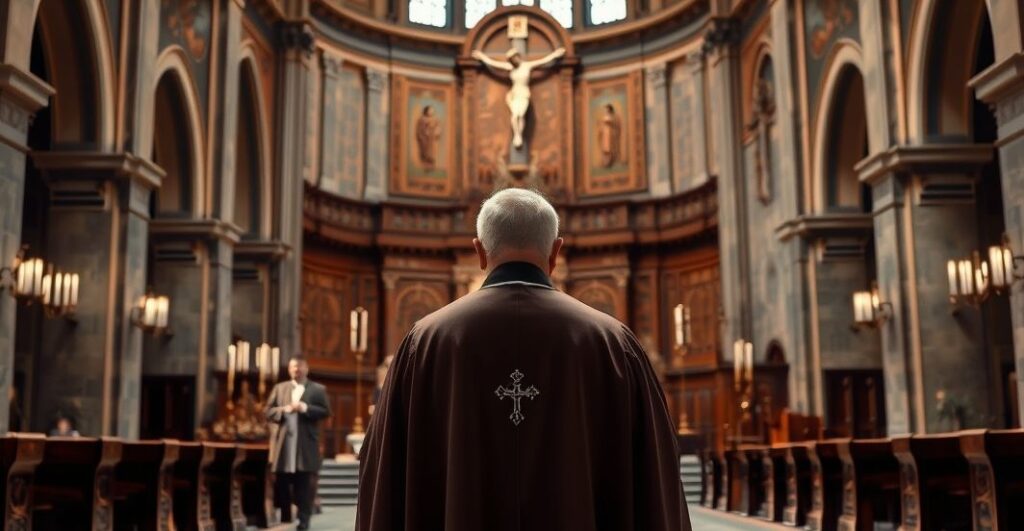 Koncelebrowana scena w katedrze z kapłanem w tradycyjnych szatach, symbolizująca prawdziwą katolicką pobożność i powagę w obliczu współczesnych kontrowersji.