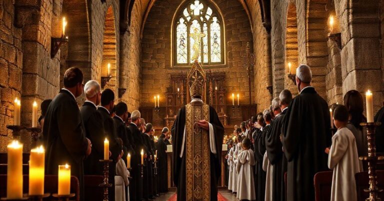 Rewersyjna scena katolicka w tradycyjnym kościele, ukazująca procesję duchownych podczas kontrowersyjnej ceremonii, podkreślająca powagę i krytykę fałszywej kanonizacji zgodnie z katolicką doktryną