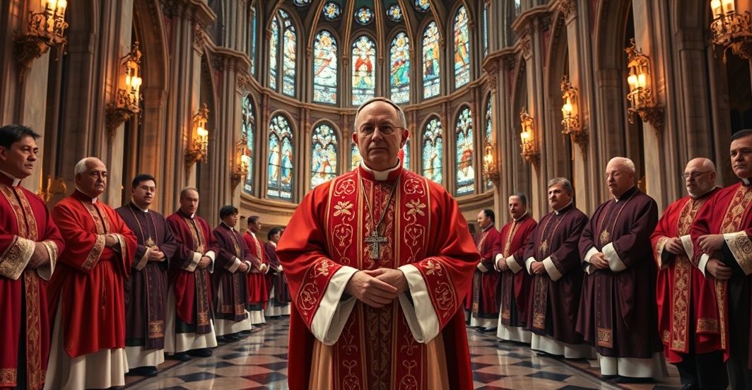 Sanktuarium katolickie z duchownymi podczas uroczystości, z naciskiem na powagę i refleksję nad kryzysem moralnym w hierarchii kościelnej