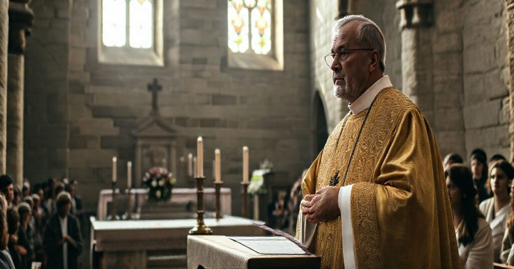 Fotografia realistyczna duchownego katolickiego celebrującego mszę w starym kościele, z pomnikiem i tłumem na tle, krytyka rewolucyjnych praktyk liturgicznych i polityzacji religii