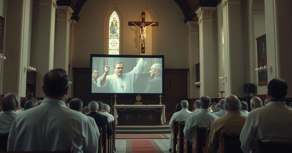 Klasztorne wnętrze kościoła katolickiego z ołtarzem i kapłanami w tradycyjnych szatach, wyrażające powagę i krytykę wobec nowoczesnej propagandy LGBT w filmach dla dzieci