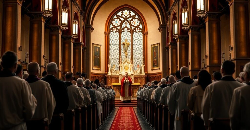 Siedziba katolicka z duchownymi w tradycyjnych szatach, podczas poważnej liturgii, ukazująca kryzys autorytetu i skandal seksualny w Kościele posoborowym