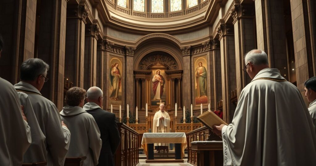 Wnętrze kościoła katolickiego z kapłanem odprawiającym Eucharystię w atmosferze powagi i duchowości, symbolizujące kryzys moralny i duchowy Rzymu