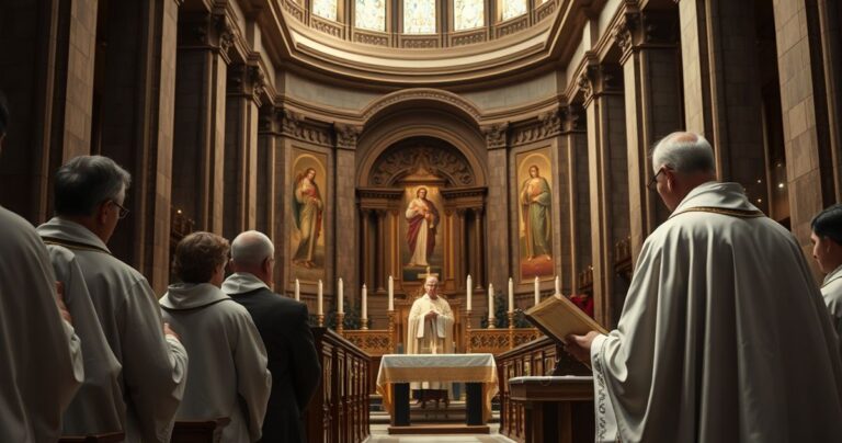 Wnętrze kościoła katolickiego z kapłanem odprawiającym Eucharystię w atmosferze powagi i duchowości, symbolizujące kryzys moralny i duchowy Rzymu