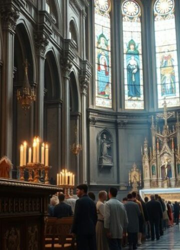 Katedra katolicka a turystyka sekularyzująca w Szydłowie Obraz ukazujący katolicką świątynię z ołtarzem i kapłanem w tradycyjnym stroju, obok grupa turystów, krytyka modernistycznego podejścia do sakralnych miejsc