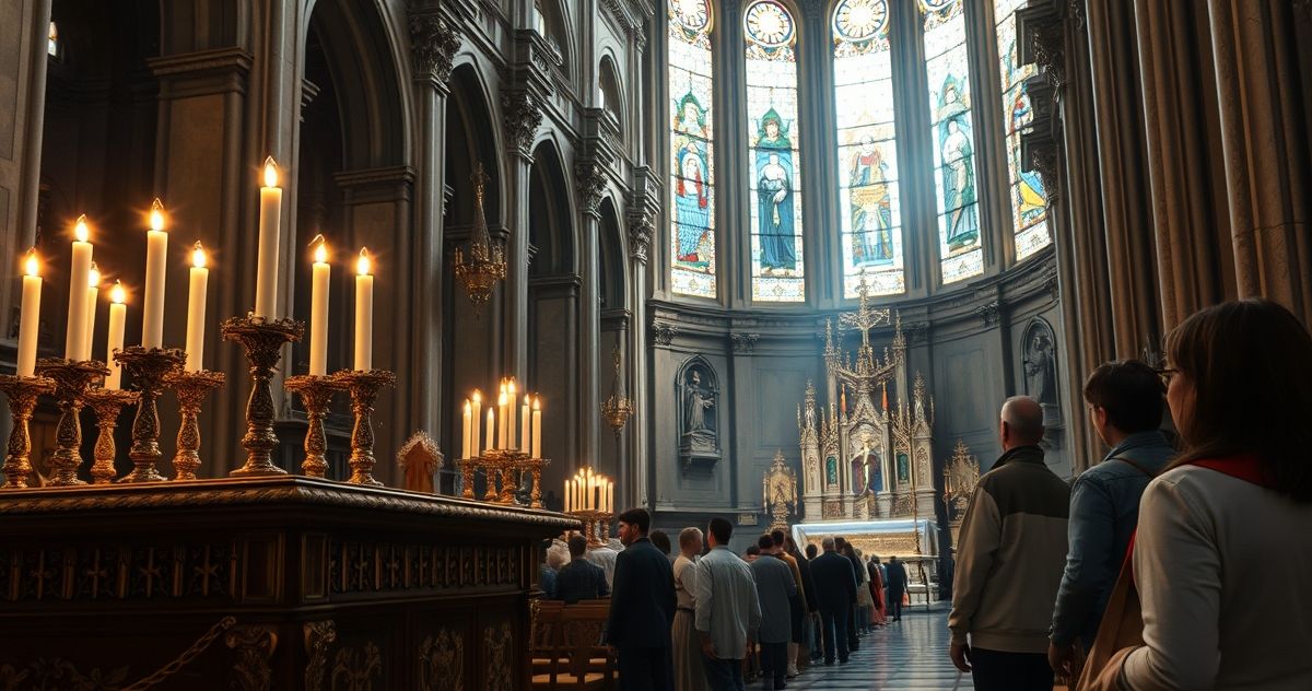 Katedra katolicka a turystyka sekularyzująca w Szydłowie Obraz ukazujący katolicką świątynię z ołtarzem i kapłanem w tradycyjnym stroju, obok grupa turystów, krytyka modernistycznego podejścia do sakralnych miejsc