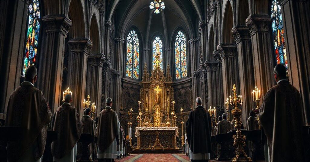 Obraz ukazujący tradycyjną katolicką liturgię w kościele, symbolizującą wierność wiernych wobec nauki Kościoła i krytykę moskiewskiej cerkwi za zdradę duchową i polityczną.