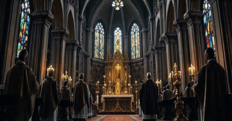 Obraz ukazujący tradycyjną katolicką liturgię w kościele, symbolizującą wierność wiernych wobec nauki Kościoła i krytykę moskiewskiej cerkwi za zdradę duchową i polityczną.