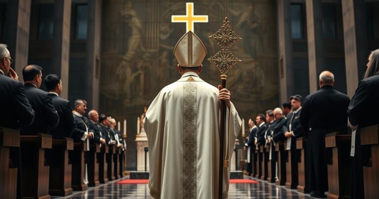 Wnętrze katolickiej świątyni z duchownymi w tradycyjnych szatach podczas uroczystego nabożeństwa, ukazujące krytykę modernistycznej apostazji