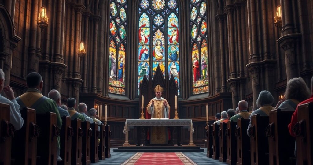 Zdjęcie realistycznej, pełnej szacunku sceny kościelnej z biskupem w tradycyjnych szatach podczas liturgii w katolickiej katedrze, podkreślające kryzys autorytetu w strukturach posoborowych z sedevacantystycznej perspektywy