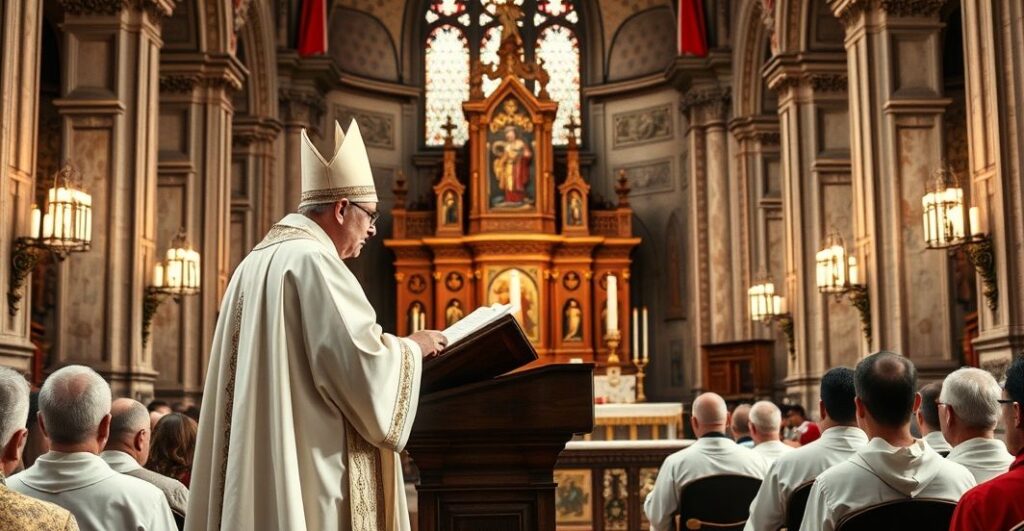 Klasztor katolicki, kapłan w liturgii, powaga, tradycyjna ceremonia, krytyka modernistycznego Kościoła, duchowa kontemplacja.