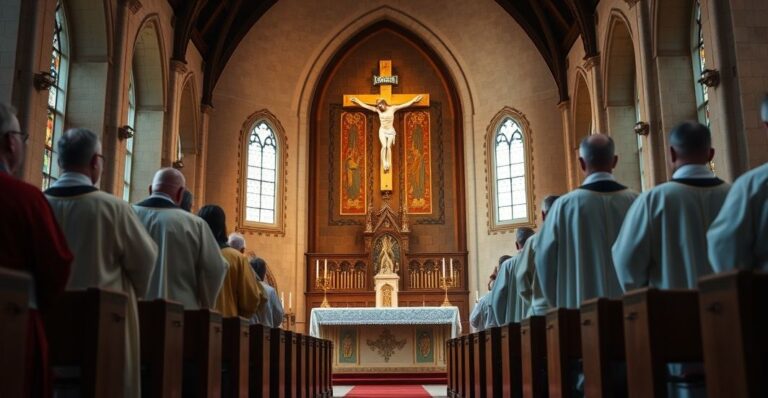 Kościół katolicki podczas mszy z kapłanami w tradycyjnych strojach, skupionymi na ołtarzu z krzyżem, oddającego cześć Eucharystii, w realistycznym, pełnym szacunku ujęciu