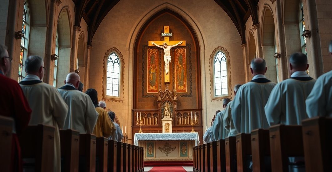 Katolicka liturgia w krytycznym kontekście posoborowej deprecjacji krzyża Kościół katolicki podczas mszy z kapłanami w tradycyjnych strojach, skupionymi na ołtarzu z krzyżem, oddającego cześć Eucharystii, w realistycznym, pełnym szacunku ujęciu