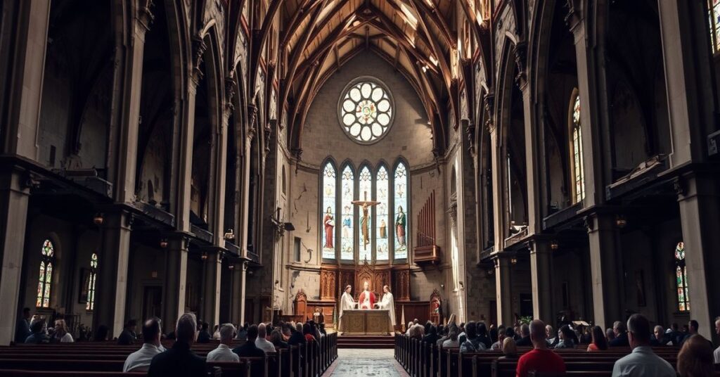 Wnętrze katedry-bazyliki Niepokalanego Poczęcia w Mobile z widocznymi uszkodzeniami spowodowanymi termitami. Przedstawia fragmenty rozpadających się ścian i odsłoniętych belek w świetle filtrującym się przez witraże.