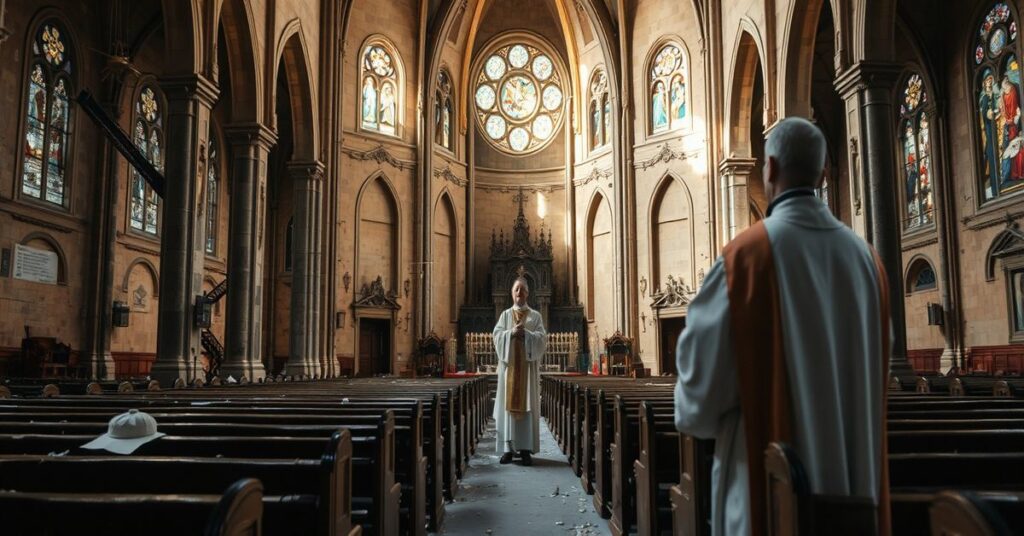 Uszkodzona katedra w Mobile symbolizująca upadek Kościoła po Soborze Watykańskim II
