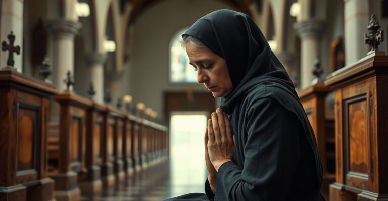 Catholic woman in modlitewnik w kościele, modli się z głębokim przekonaniem i pokorą, symbolizując odwagę w obronie wiary i sumienia